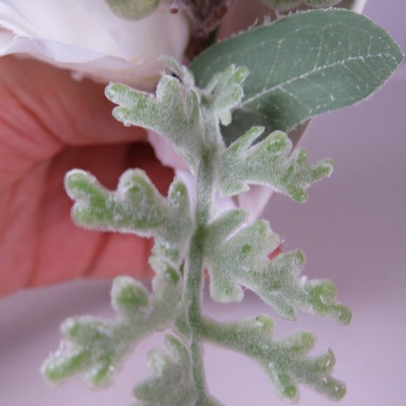 White Rose & Fuzzy Light Green Faux Floral Corsage or tiny floral arrange. 6x6.5 - Picture 4 of 7
